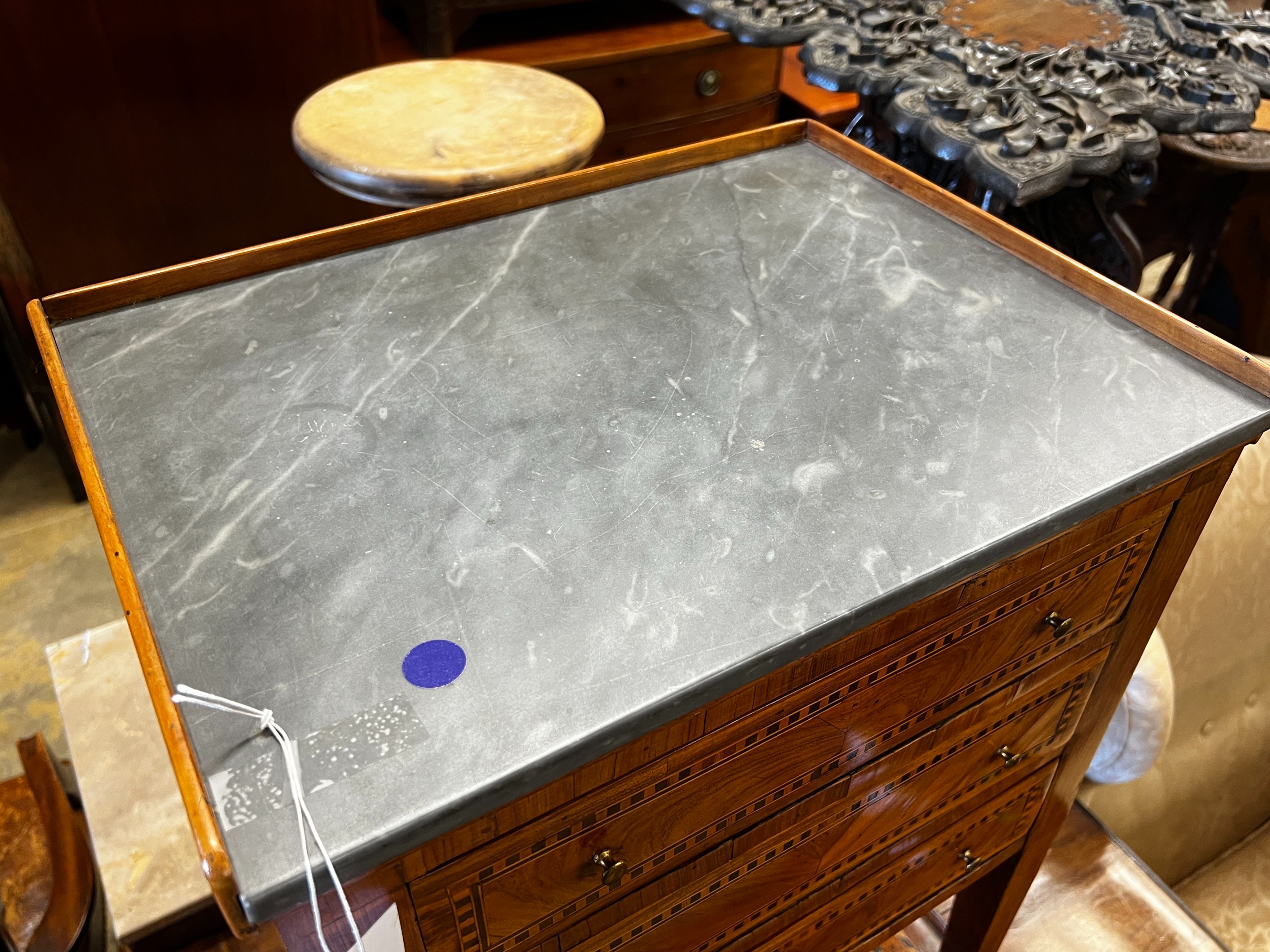 A 19th century French parquetry inlaid kingwood marble top bedside chest, width 43cm, depth 32cm, height 73cm